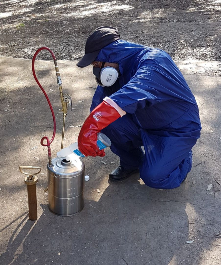 pest management technician mixing pest control solution